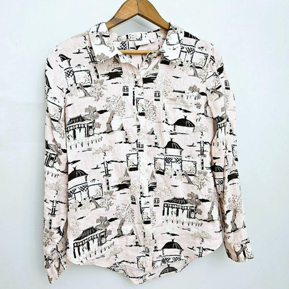 Spartina 449 Light Pink Asian Inspired Scenic Print Linen Button Up Shirt Medium